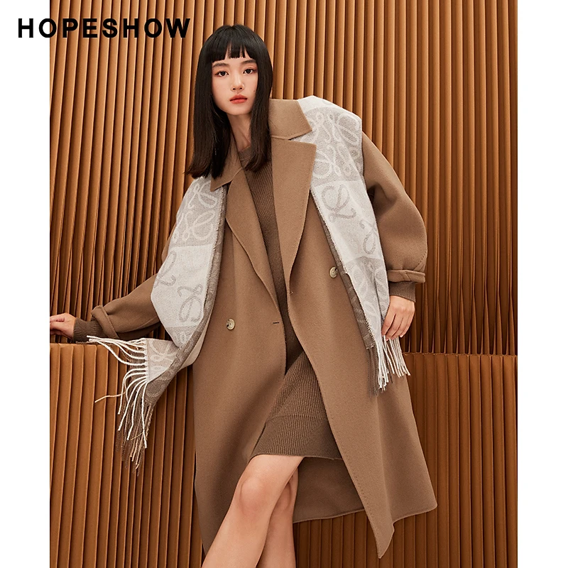 红袖冬季新款女装 纯色双排扣翻领中长大衣89123430823