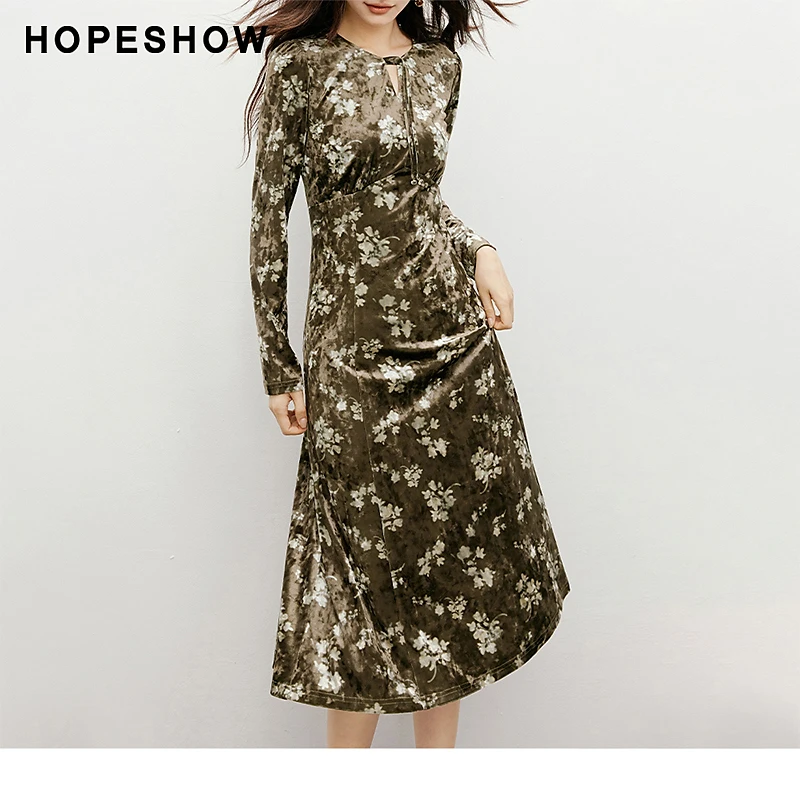 红袖秋季2024新款女装【丝绒印花】收腰圆领印花裙90124301602