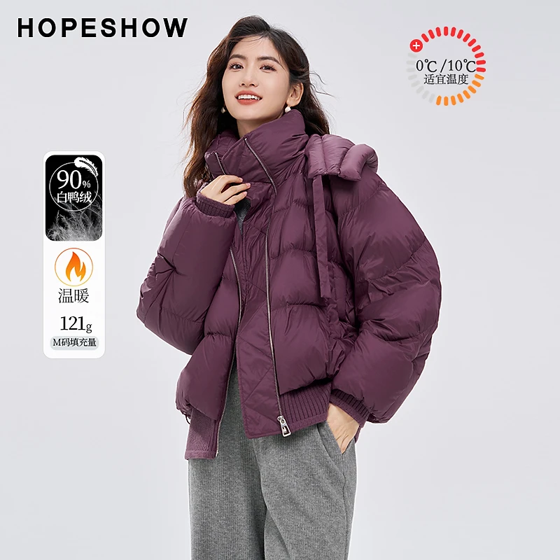 红袖冬季新款女装 绗缝罗纹拼接拉链领连帽羽绒服90123350901