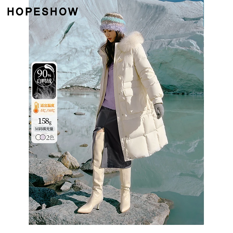 红袖冬季新款女装 牛角扣双拉链狐狸毛领长羽绒服90123380907