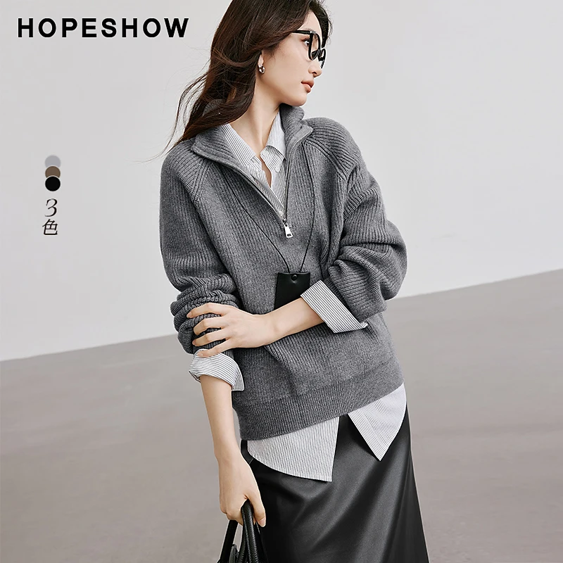 红袖秋季2024新款女装 肌理感插肩袖两穿领套头针织衫90224300105