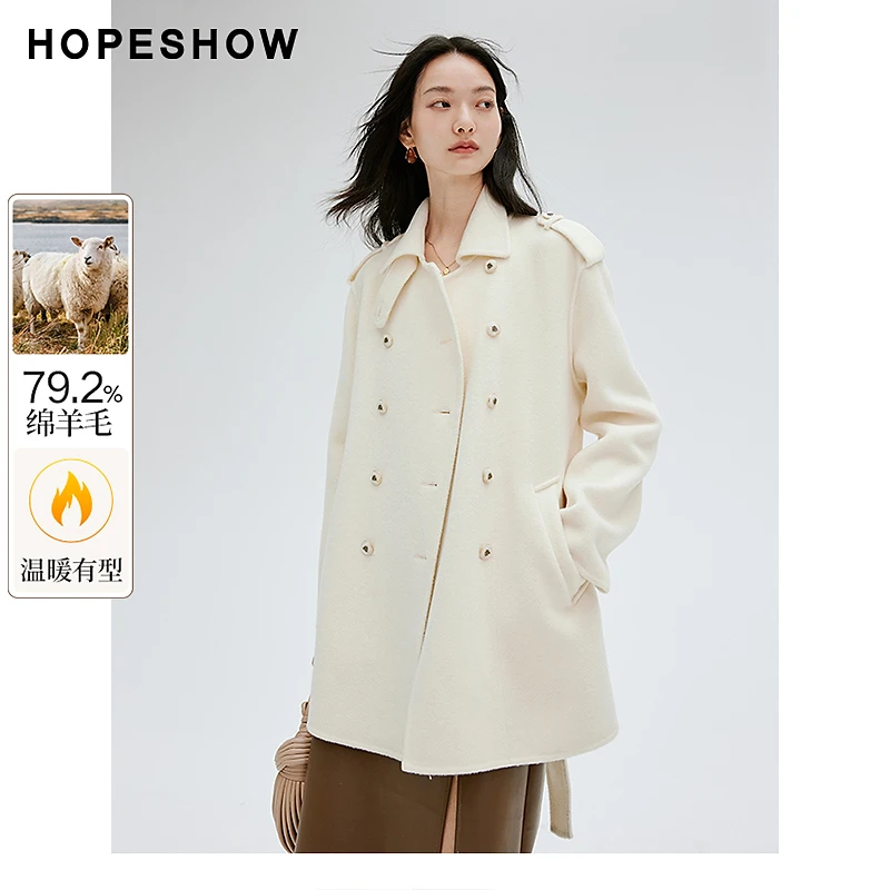 红袖冬季新款女装 正肩H型双排扣翻领中长大衣90123320804