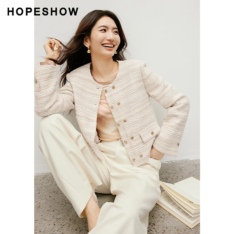 红袖新款女装 香风直身双排扣正肩圆领外套90124300404