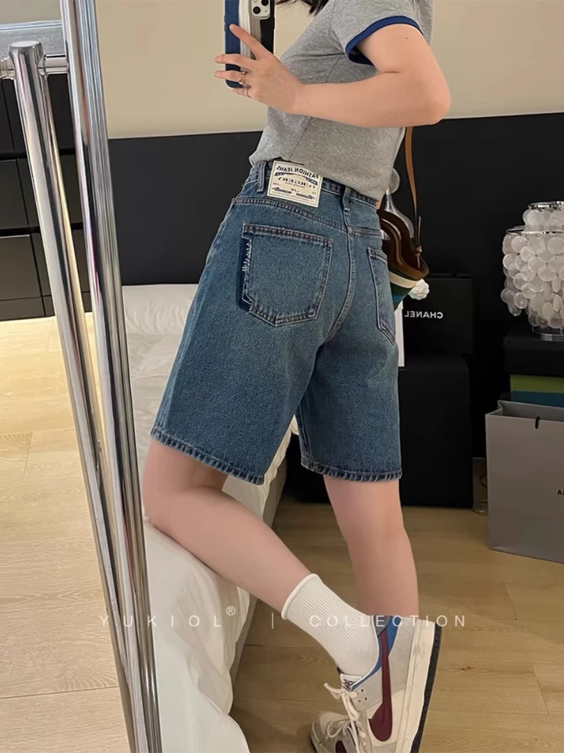 美式复古蓝，超百搭五分中裤高腰