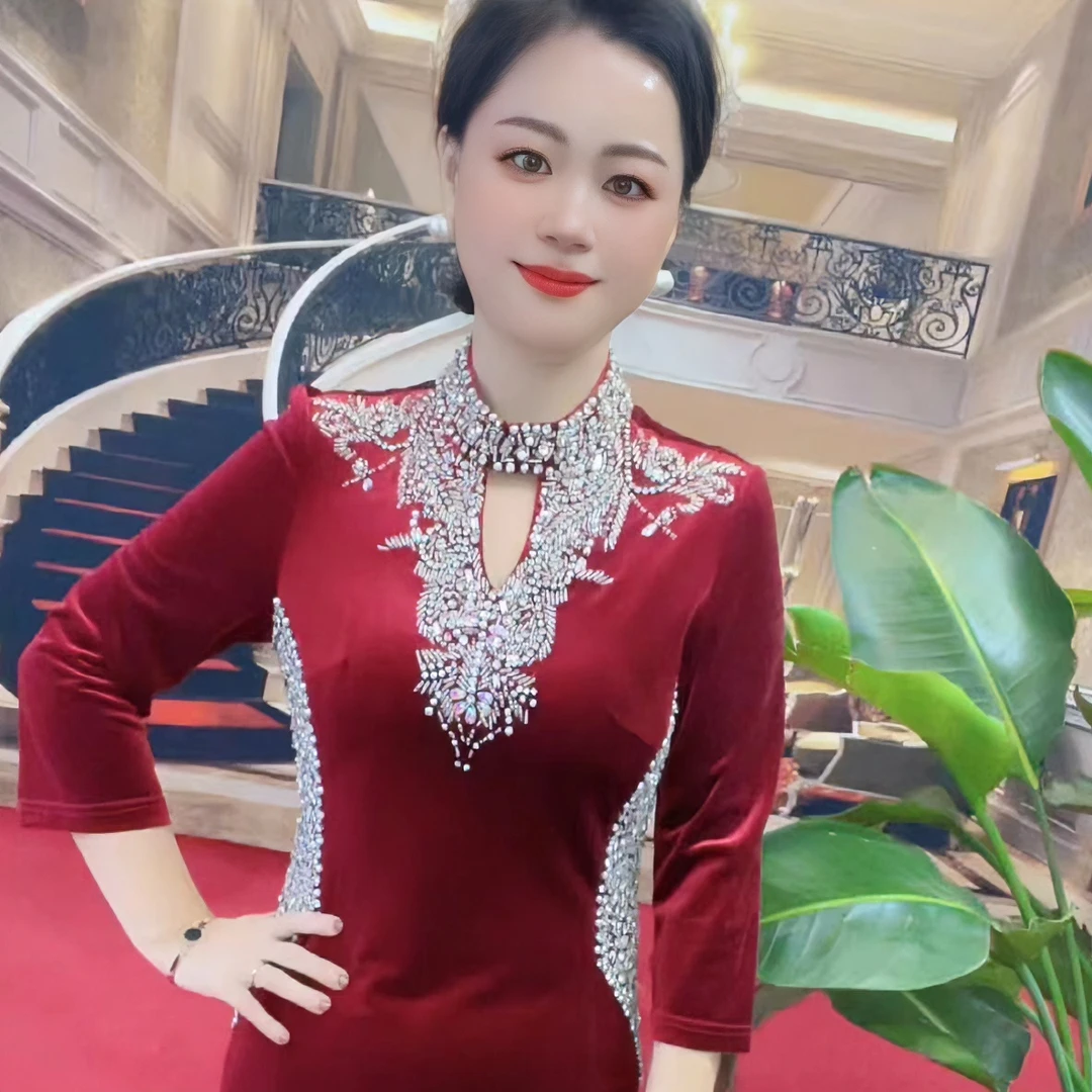 金丝绒重工缝钻喜婆婆喜妈妈婚礼宴会气质时尚长款礼服