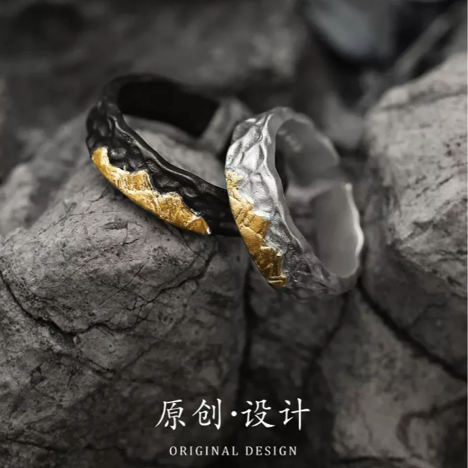 足银戒指 《众山小-朝暮》情侣款戒指足银对戒999纯银一对520礼物银
