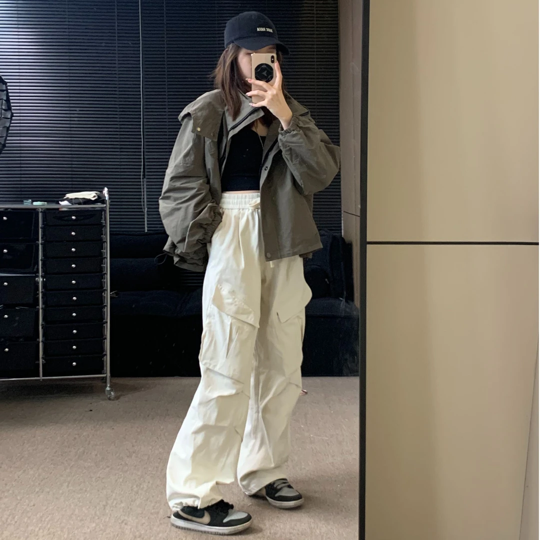 工装裤弹力工装裤日系工装裤美式百搭情侣复古阔腿高街抽绳可束脚