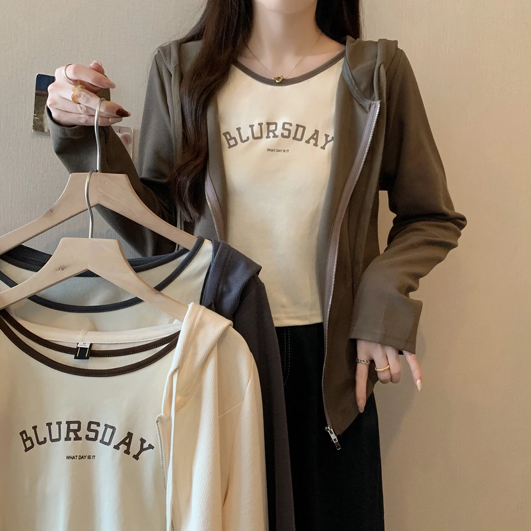 清大码秋新款胖mm休闲百搭吊带背心连帽卫衣开衫销售两件套63678