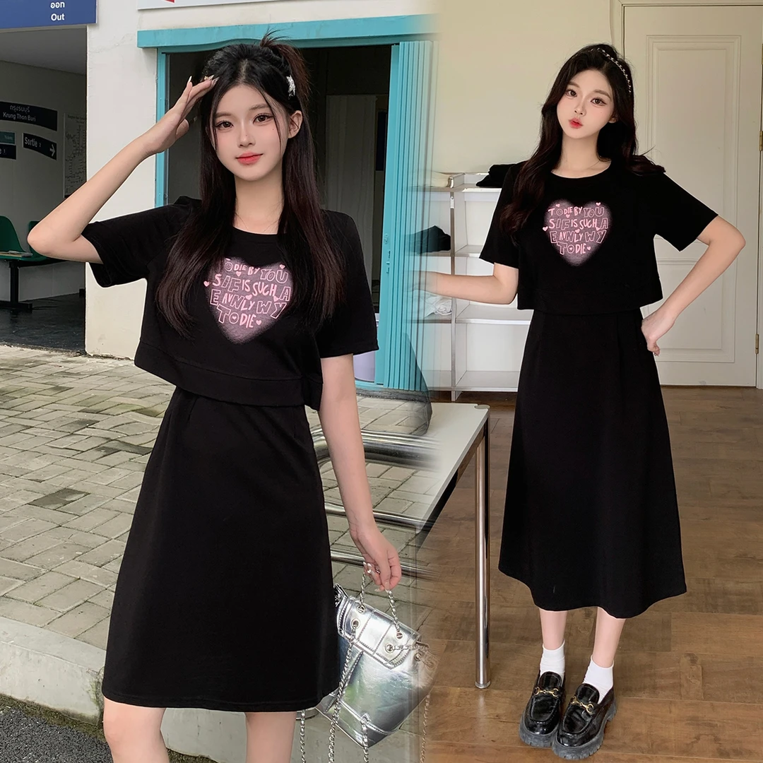 清63106大码女设计感减龄显瘦休闲宽松a字裙时尚韩版黑色连衣裙