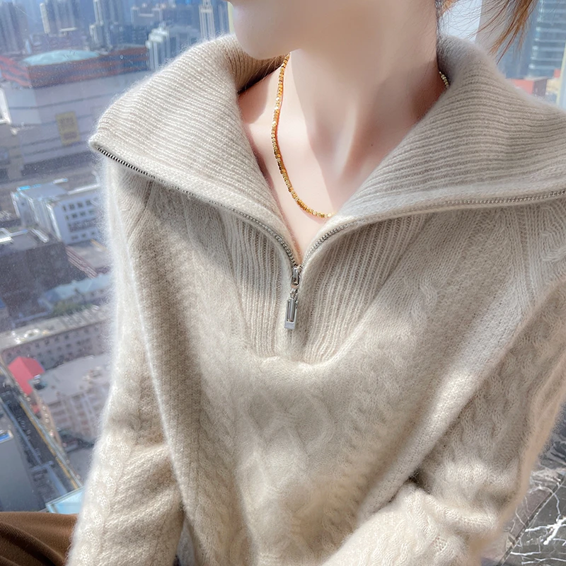 气质时髦洋气拉链半高领针织衫秋冬季宽松显瘦羊毛衫百搭女款上衣
