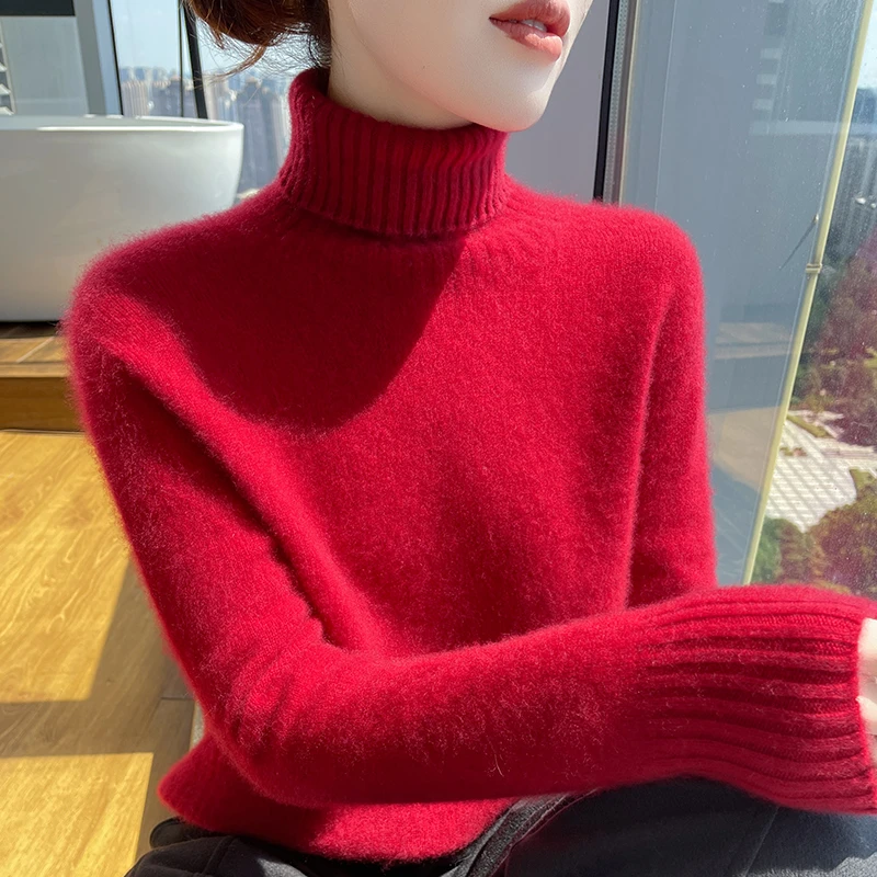 一线成衣重磅加厚100%羊毛衫女秋冬加厚高领宽松半高领针织打底衫