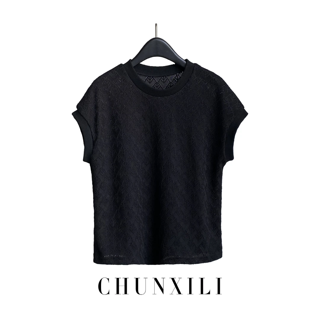 CHUNXILI/春熙里 极简黑色上衣 夏季宽松镂空圆领T恤X03S42066