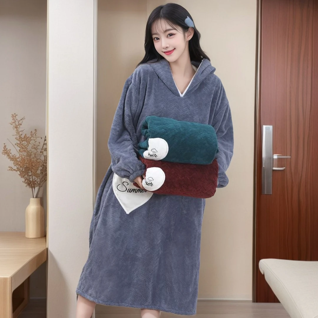 米七嘉米七嘉长款男女同款浴袍连帽带兜不掉毛吸水速干情侣家用