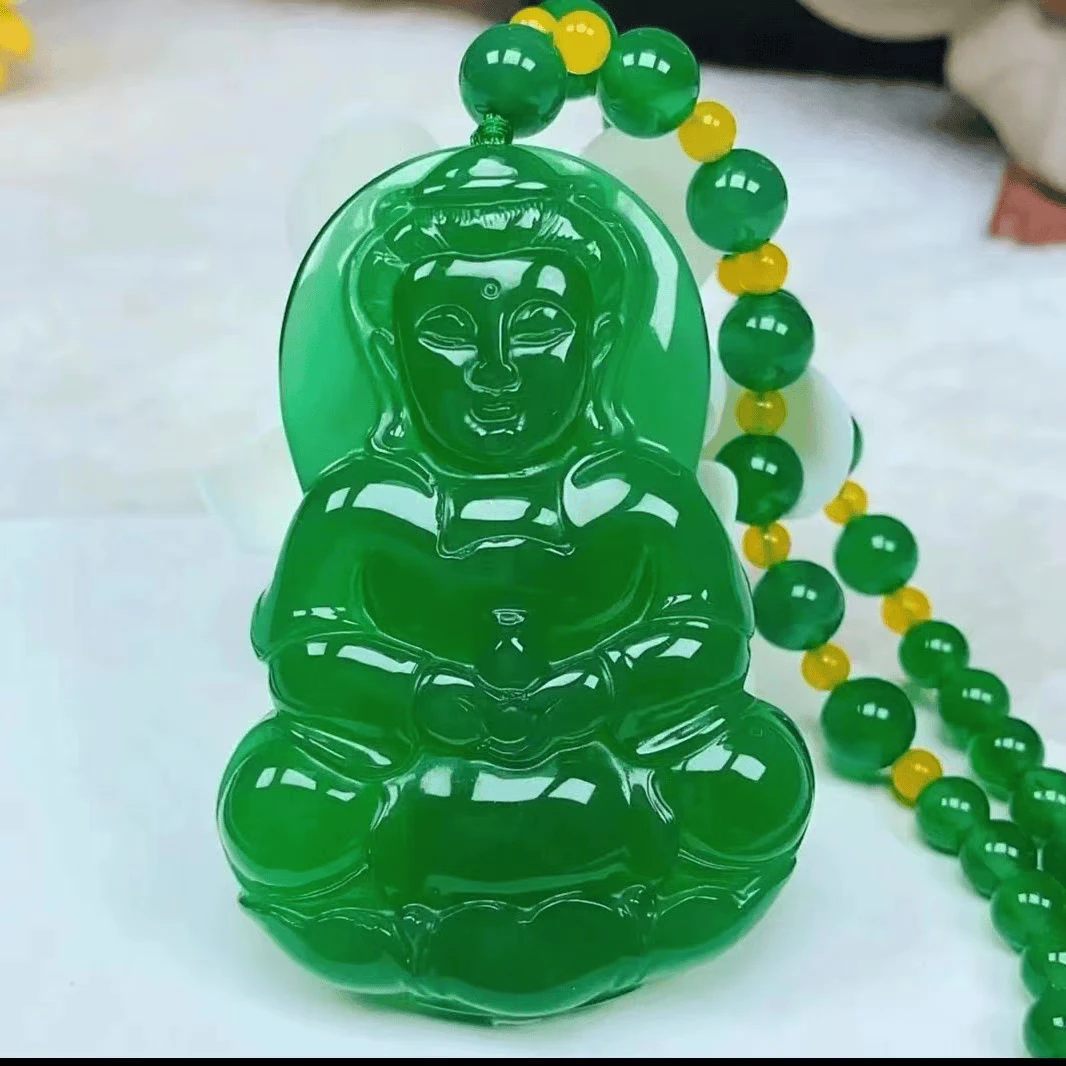 天然冰种玛瑙帝王绿观音吊坠项链加大款玉观音毛衣链满绿玉髓项坠
