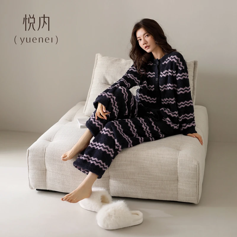 悦内半边绒睡衣加绒加厚女款秋冬季冬款加绒加厚珊瑚绒条纹开衫毛