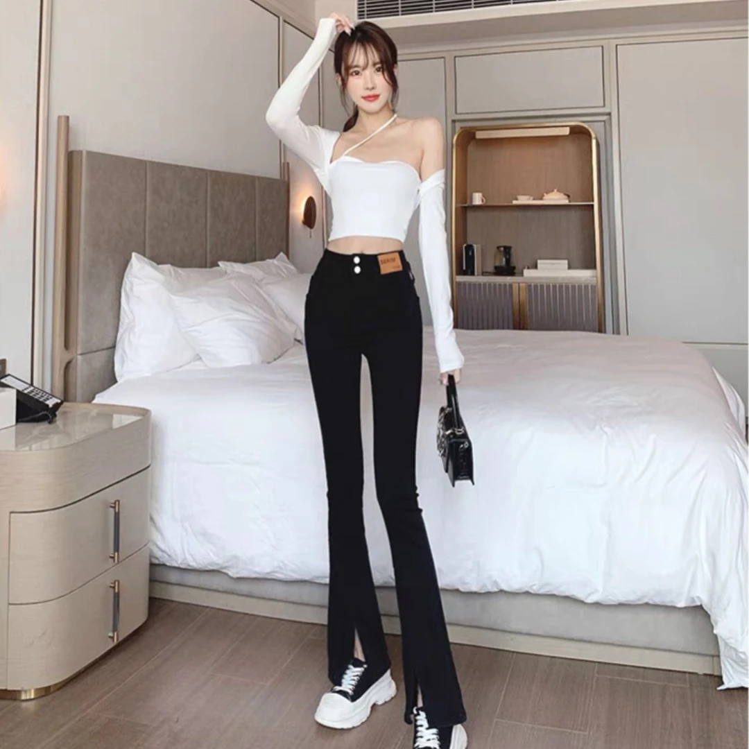 2023秋季黑色喇叭裤高腰开叉女2022年新款微喇裤小个子裤子秋季