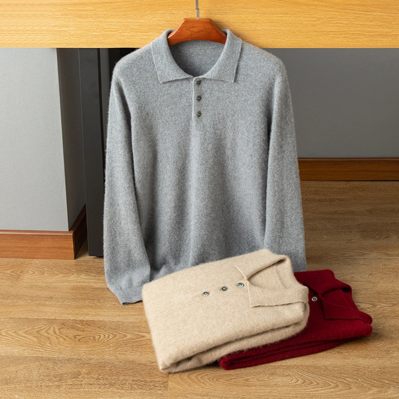 【中鼎A纱线】100%纯山羊绒商务休闲男士POLO领男士衬衣长袖套头衫