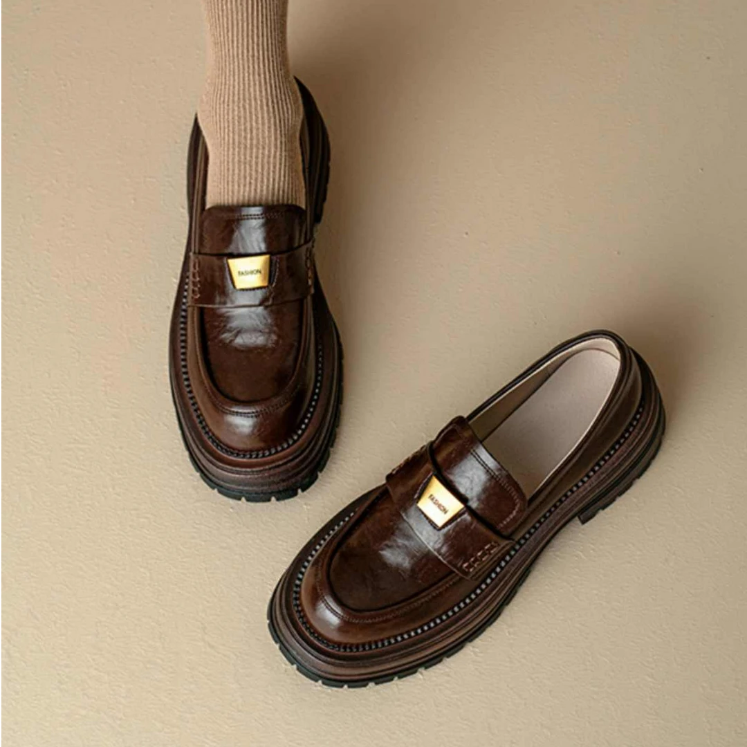 新款真皮一脚蹬单鞋女厚底黑色小皮鞋英伦风百搭乐福鞋松糕女鞋子