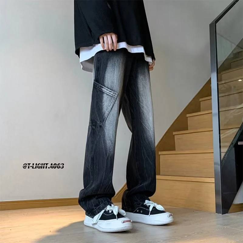 美式复古渐变黑灰色裤子牛仔裤男秋冬款hiphop微喇工装裤百搭高街