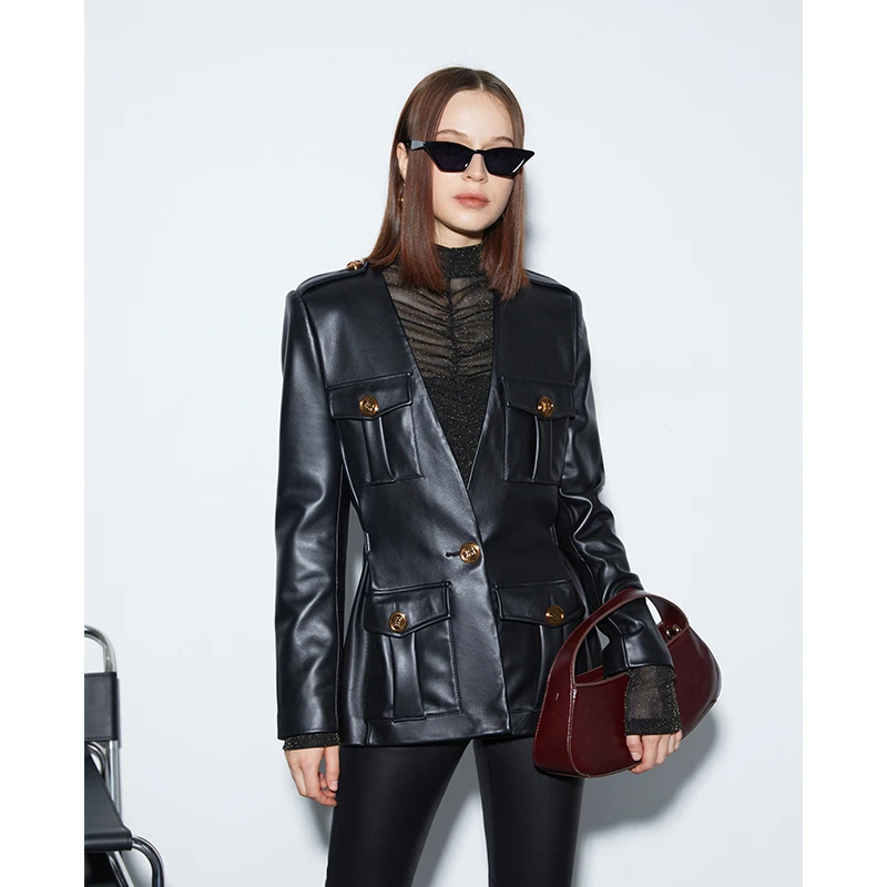 Z老板艺术级重工成衣皮衣简约大气深V造型西服女X型轮廓羊皮衣女