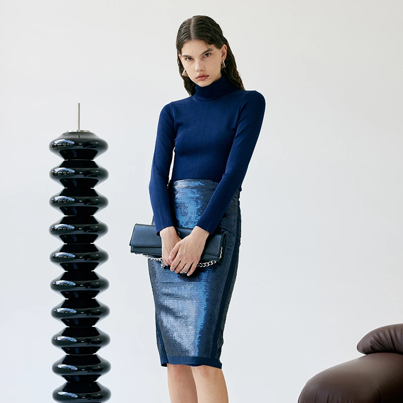 Z老板S洛朗高领镂空金属感修身针织衫套头通勤长袖早秋上衣圆领