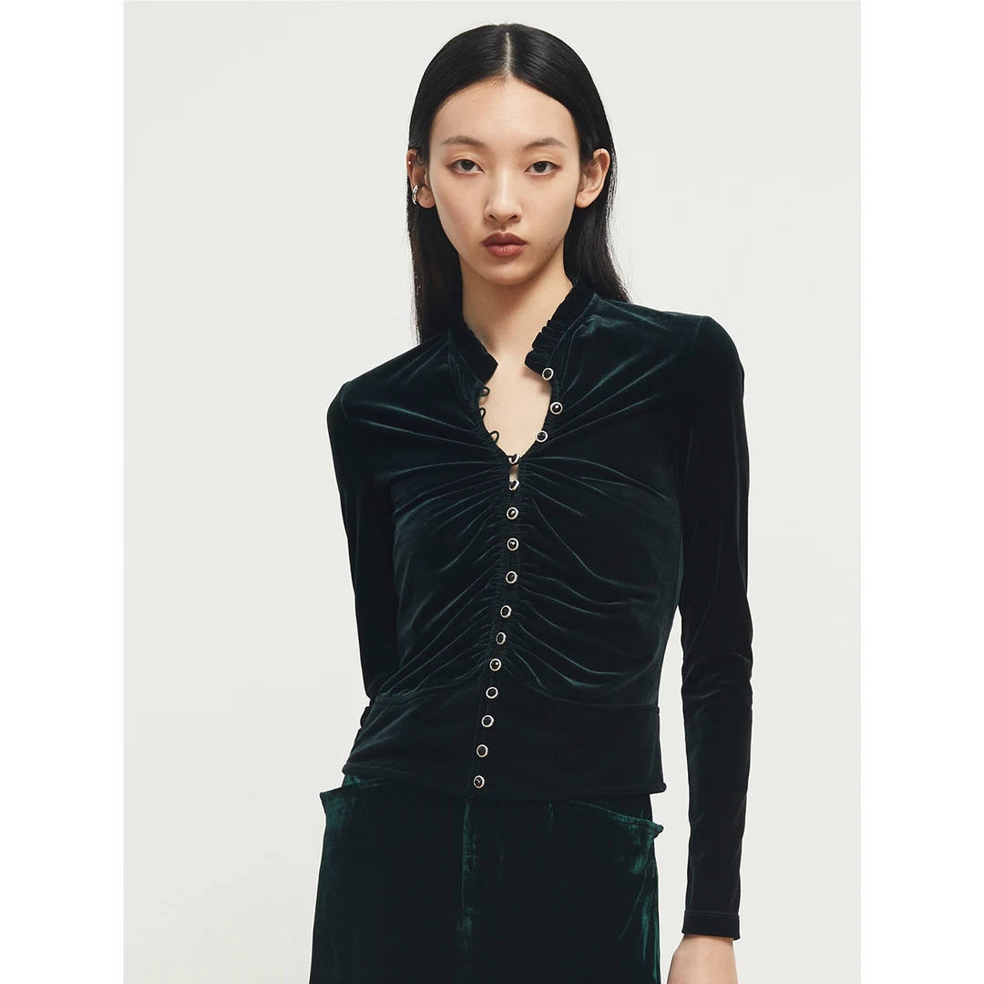 Z老板复古宫廷风修身迷人质感长袖女立体剪裁韩国丝绒复古上衣女