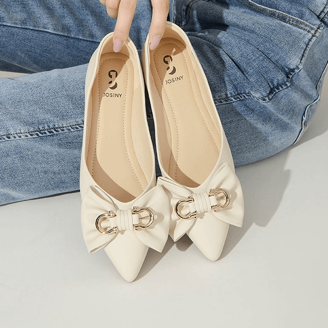 尖头浅口单鞋春季时尚甜美蝴蝶结平底舒适奶奶鞋女鞋262E13023