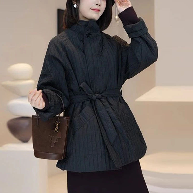 高级感束腰百搭中长款立领棉衣女韩版减龄竖条纹拼接夹棉风衣外套
