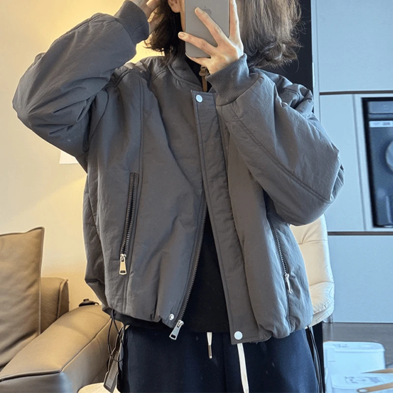 个性拉链拼接显瘦夹棉棒球服女冬季百搭加厚简约下摆外套抽绳棉衣