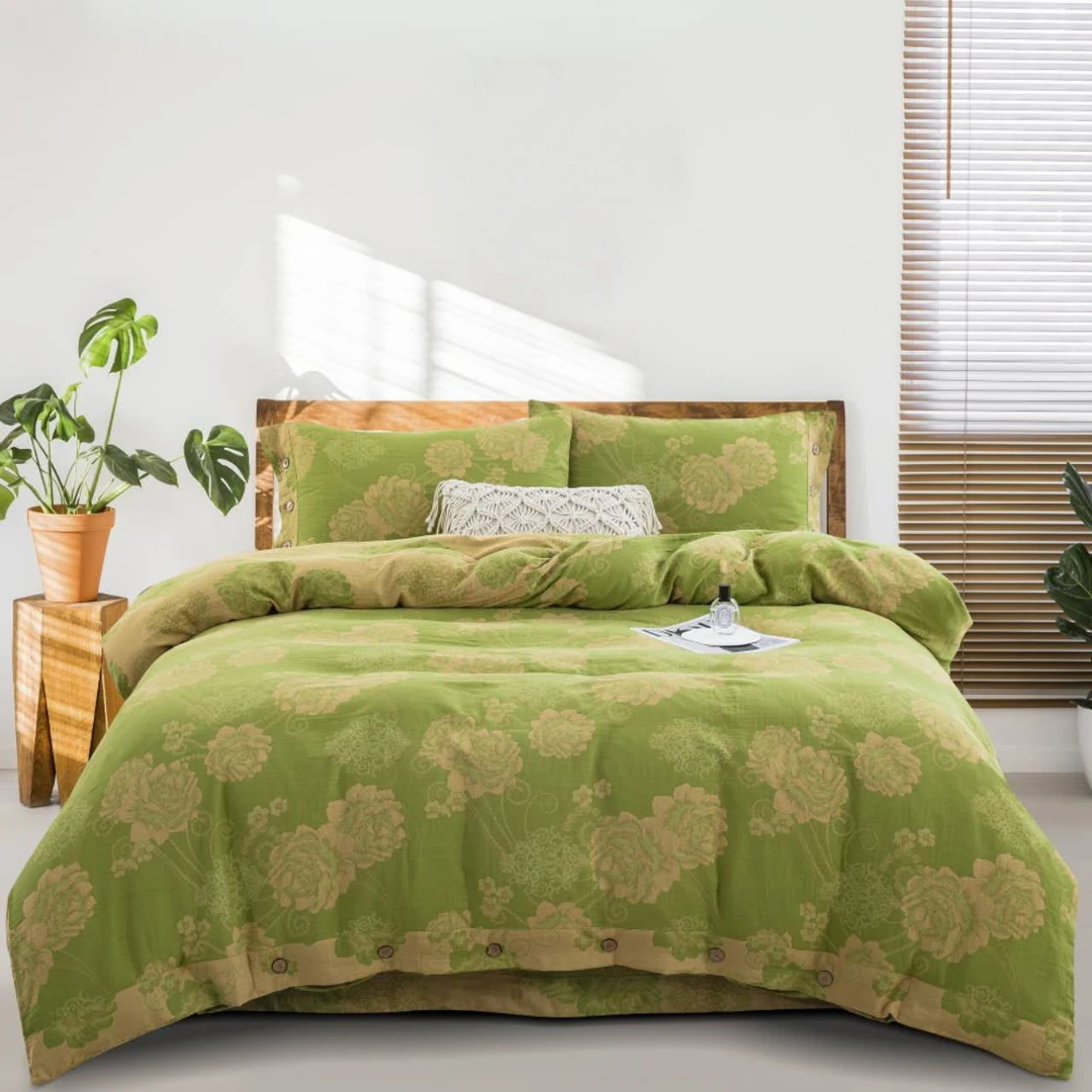 《国色天香绿被套四件套》轻奢高端定制全棉色织A类双层纱床品套件