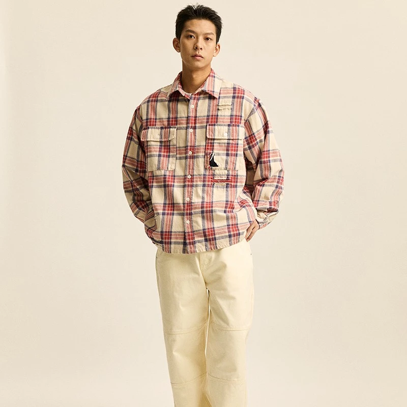 RR24AW新款日系复古做旧破坏日产红格纹衬衫宽松休闲衬衣外套男
