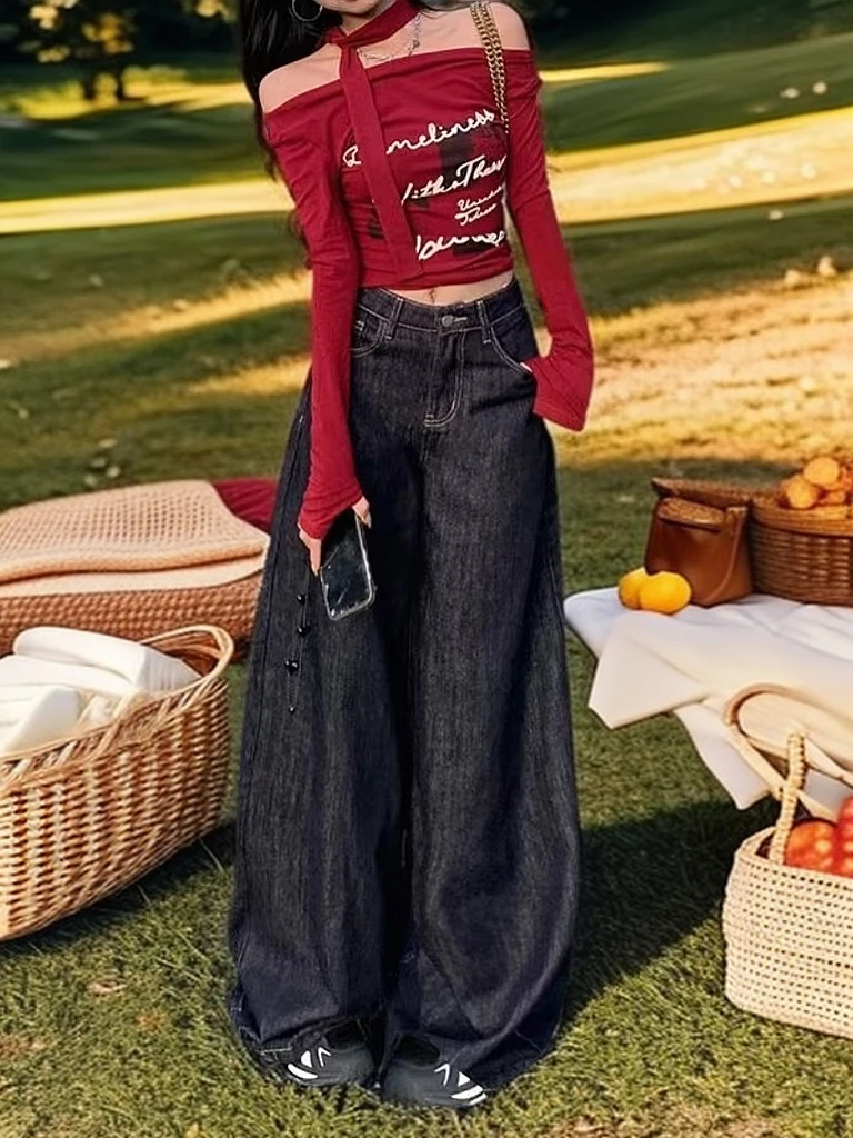 180高个子加长深蓝牛仔裤女春秋季高腰宽松垂感超长拖地阔腿裤175