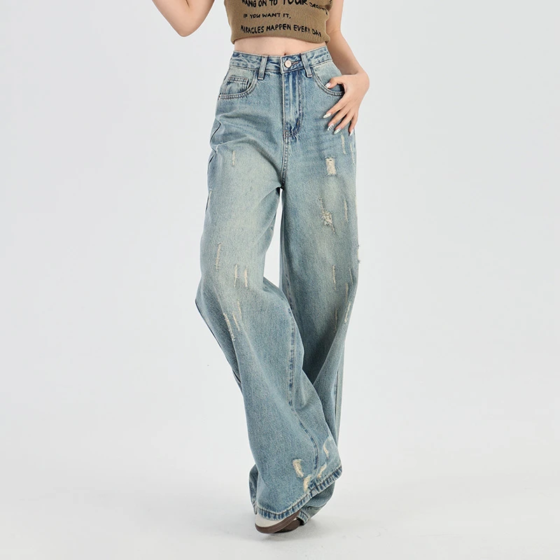 RJVO新款复古高腰牛仔裤女秋季设计感水洗抓痕阔腿裤时尚破洞长裤