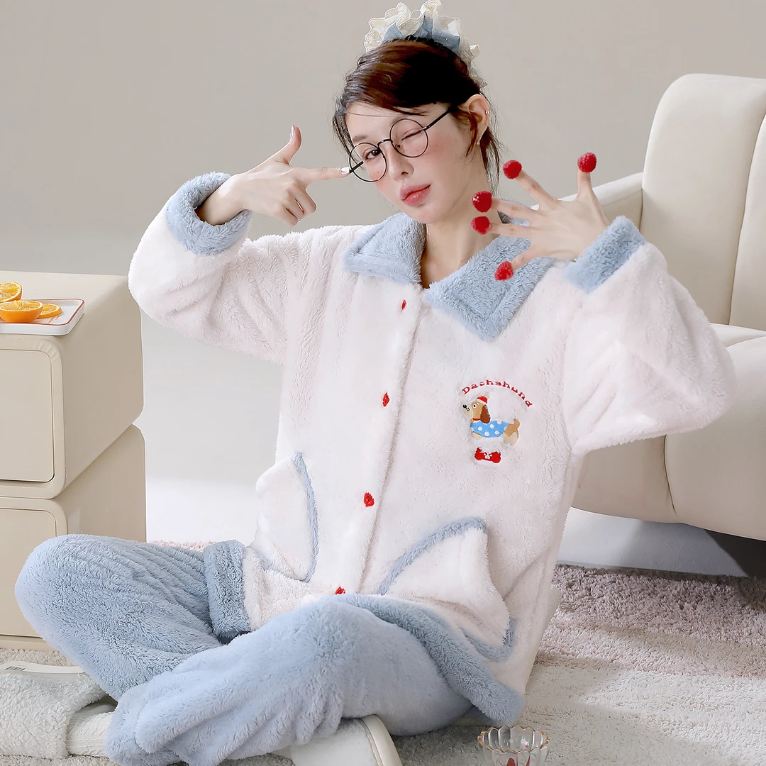 雪花绒秋冬天保暖可外穿睡衣两件套女士甜美可爱家居服