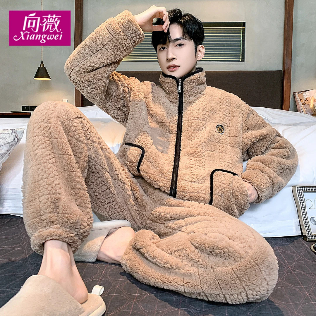 男士秋冬加厚加绒法兰绒睡衣可外穿珊瑚绒暖绒家居服宽松保暖