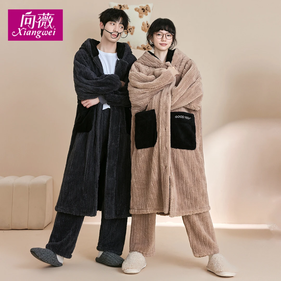 珊瑚绒保暖秋冬季情侣睡袍加绒加厚宽松大码连帽法兰绒家居服睡衣
