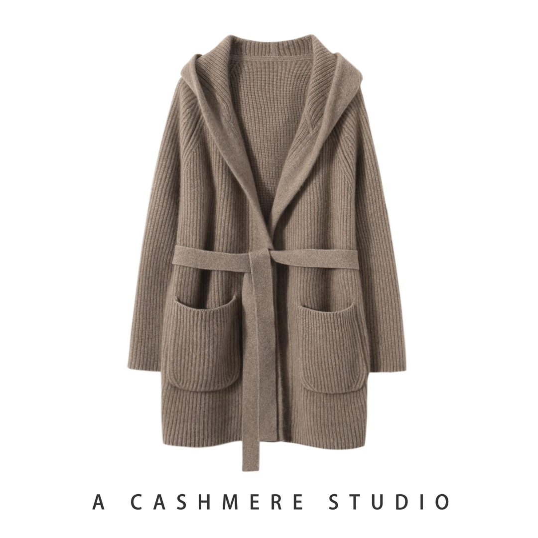2024新款100纯羊毛连帽开衫女重磅加厚时尚腰带气质百搭休闲宽松