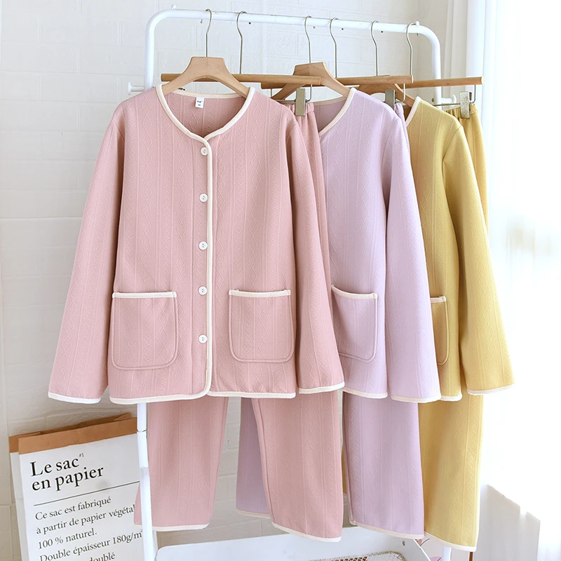 高级感提花~空气棉睡衣女冬季A类纯棉三层夹棉保暖秋冬家居服套装