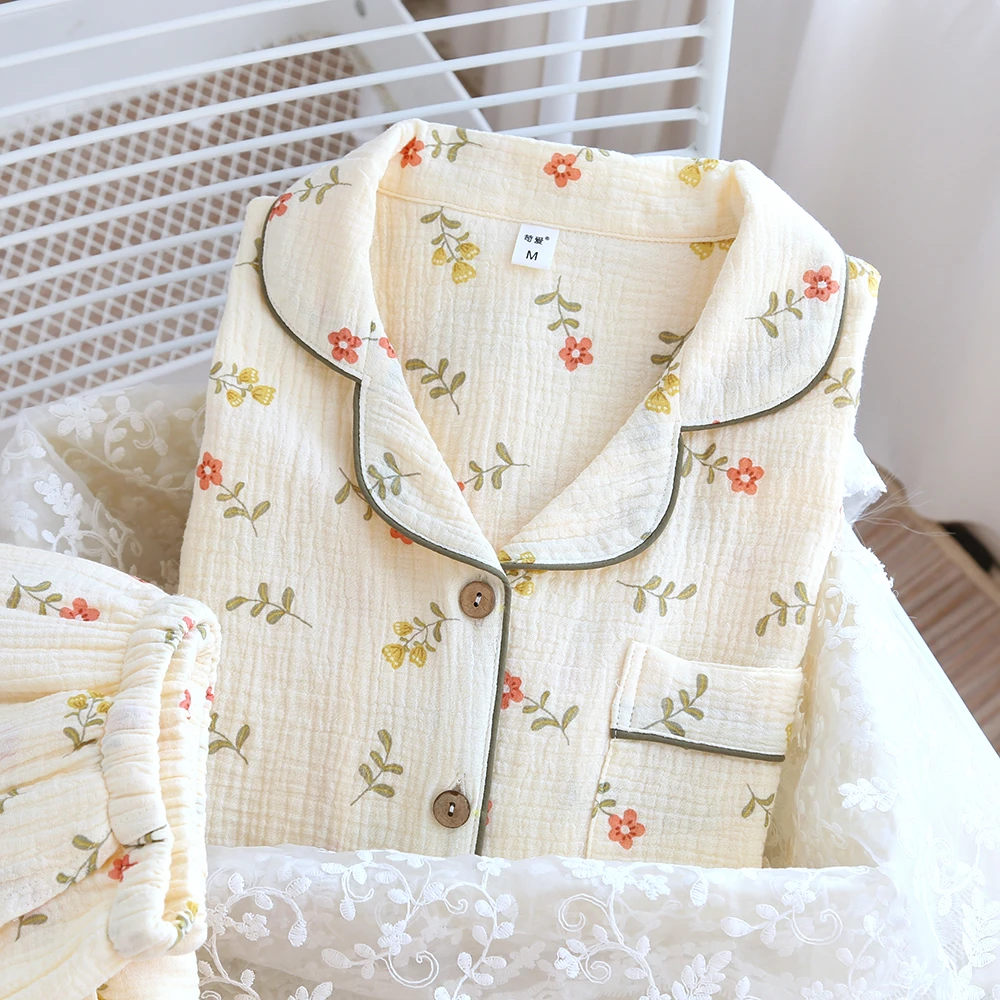 春夏花语~双层纱布睡衣女纯棉长袖夏季薄款A类100%全棉家居服套装