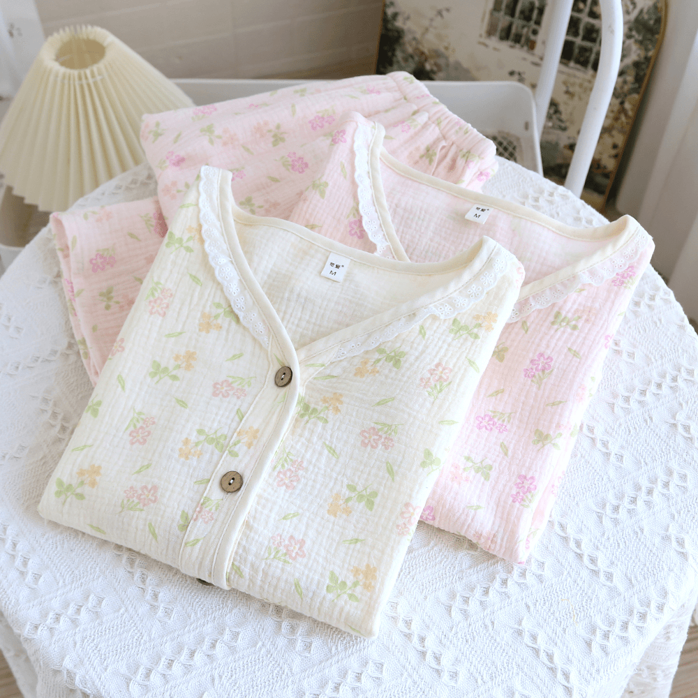 2024新款纯棉女士睡衣双层纱布宽松透气全棉薄款家居服套装春秋