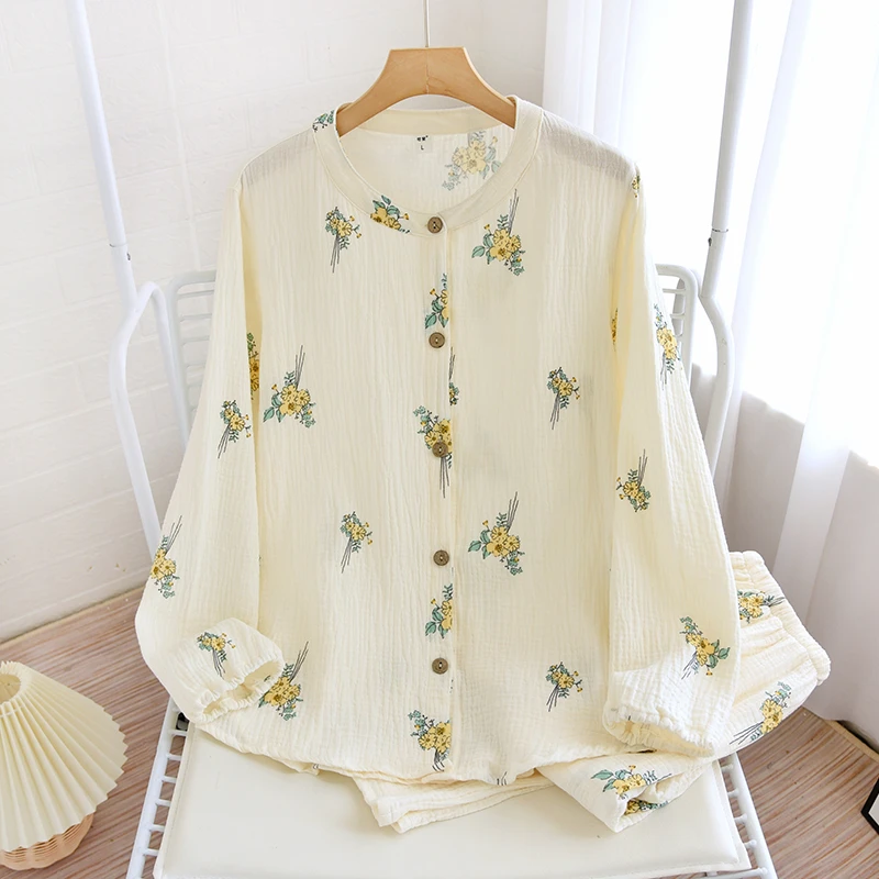 高档~A类纯棉睡衣女款爆款春夏季纱布2025新款长袖全棉家居服套装