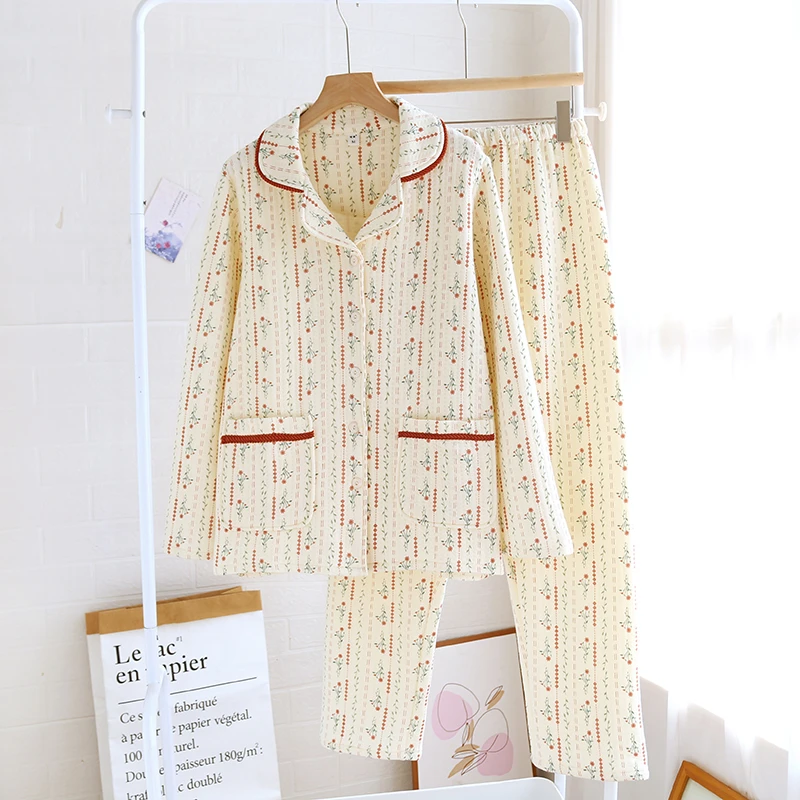 《软糯亲肤》A类纯棉睡衣女秋冬空气棉保暖厚款夹棉翻领甜美家居服