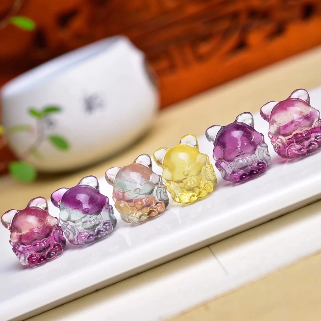 萤石小狐狸吊坠 DIY站立小狐狸配件 七彩萤石站立九尾狐小雕件