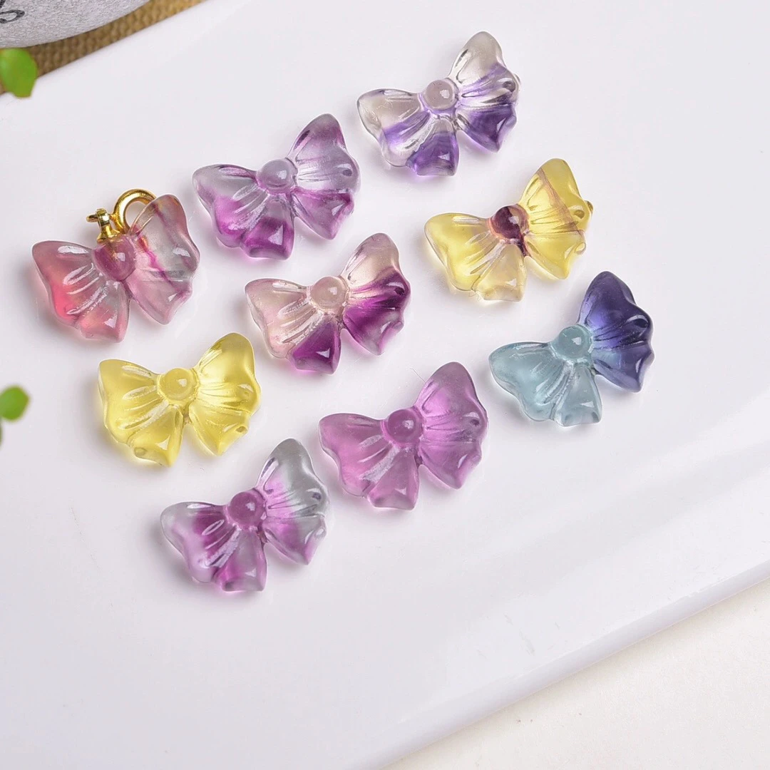 天然萤石碧玺色立体雕刻蝴蝶结小滴溜手链吊坠项链DIY饰品