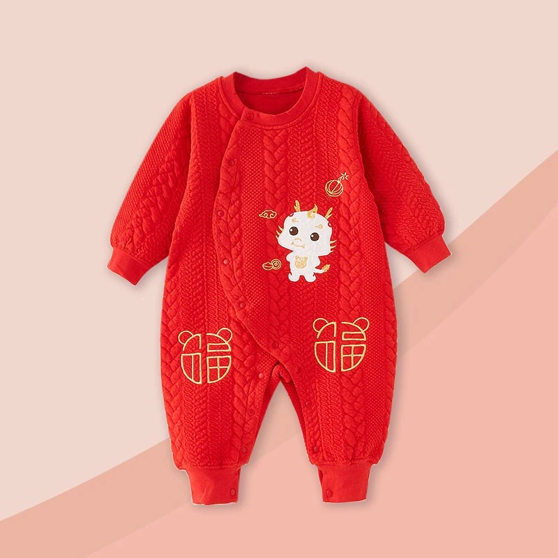 婴儿连体衣纯棉哈衣春秋新生儿大红满月服拜年服红色保暖中国风