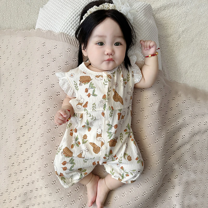 婴儿夏装薄款短袖哈衣爬服新生儿夏季韩版宝宝衣服公主碎花包屁衣