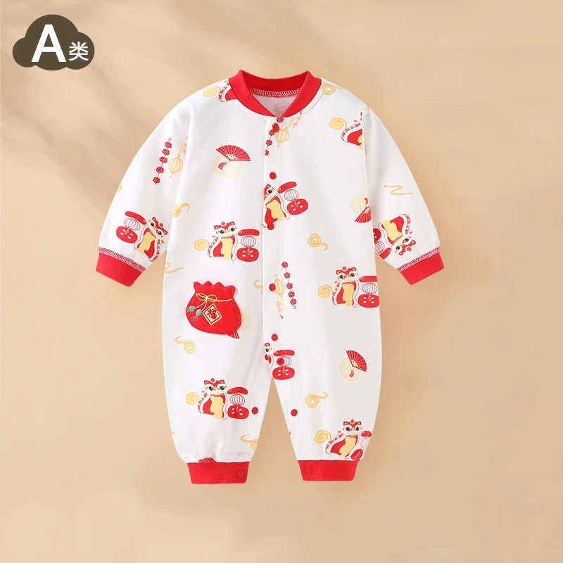 婴儿连体衣春秋季无骨爬服国风周岁百天男女宝宝衣服纯棉四季哈衣