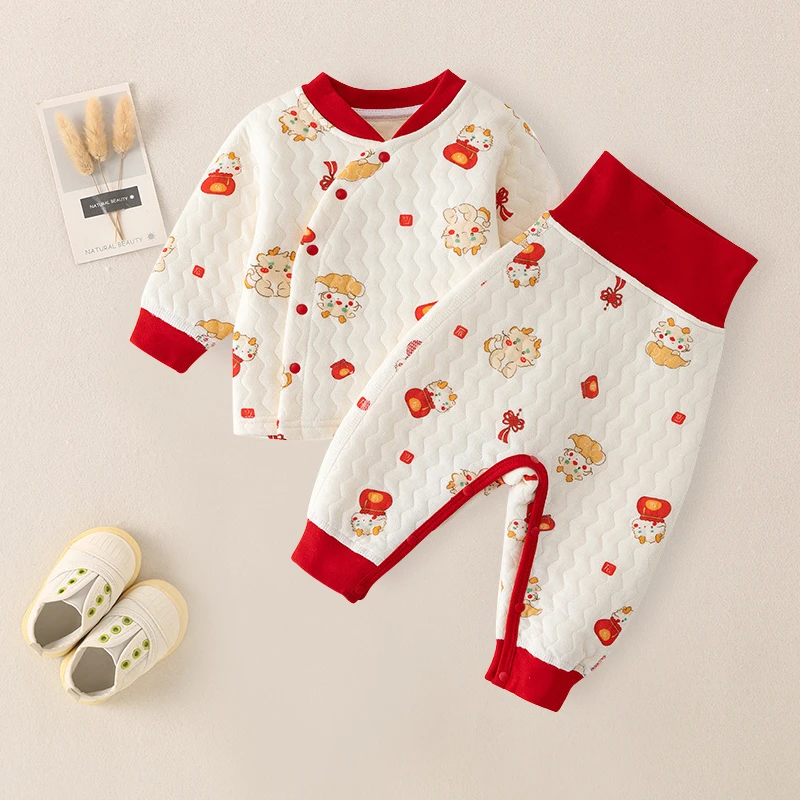 婴儿夹棉套装加厚保暖按扣裆男女宝宝拜年服内衣冬季分体家居服