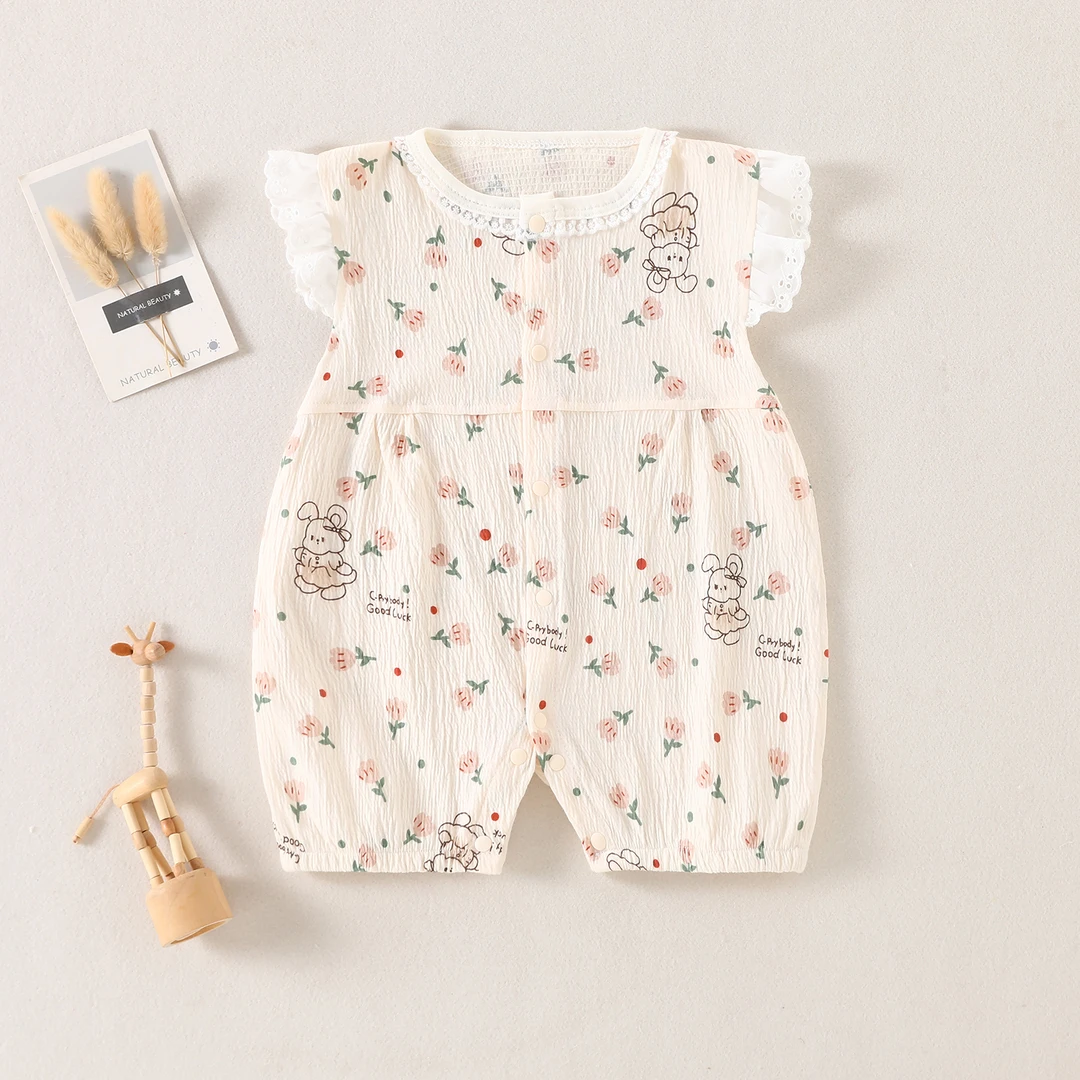 婴儿夏装连体衣薄款韩版新生儿女童碎花爬服短袖6月3男宝宝衣服