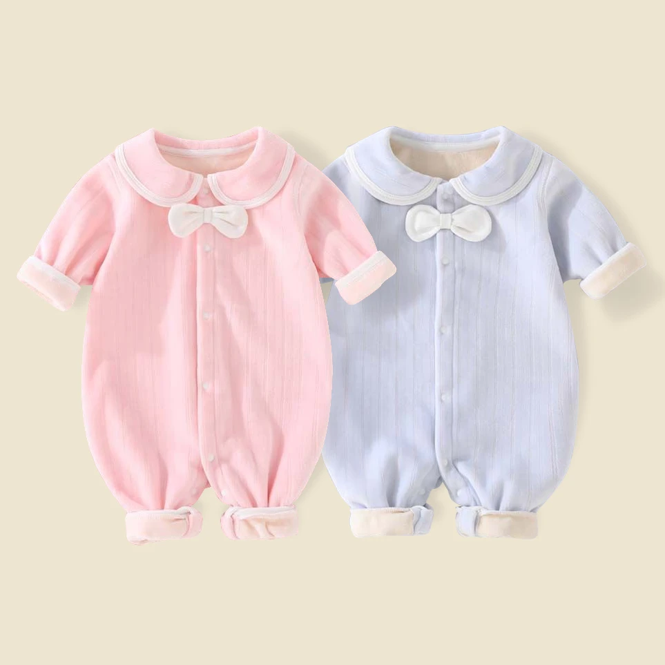 婴儿连体保暖衣加绒秋冬装加厚新生儿外出服翻领无骨宝宝哈衣超萌
